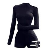 女修身 自制美式 辣妹特工禁区黑色绑带收腰连体短裤 打底内搭连体衣