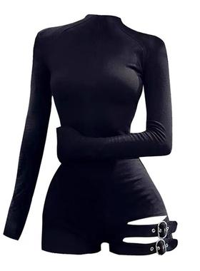 自制美式辣妹特工禁区黑色绑带收腰连体短裤女修身打底内搭连体衣