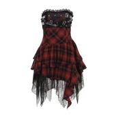 自制亚文化y2k辣妹红黑格抹胸皮扣蕾丝拼接不规则连衣裙朋克短裙