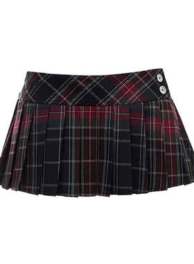 美式辣妹纯欲烫钻高领不规则上衣朋克格纹百褶包臀a字短裙套装女