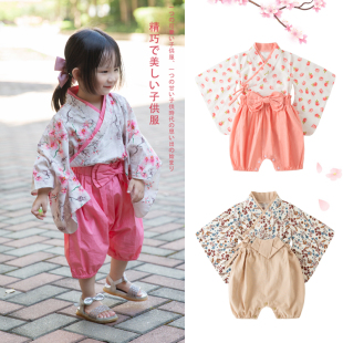 日本和服男女童樱花和服套装夏日式演出摄影服长袖上衣短裤2件套