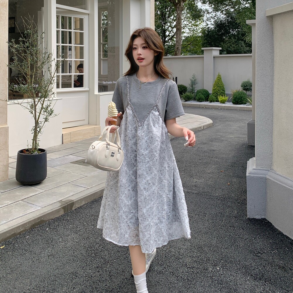 灰色假两件拼接连衣裙女夏2025新款超仙甜美裙子艺术感穿搭巨好看,女装连衣裙,Yologo