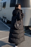 90绒华夫格黑色长款羽绒服女冬季新款加厚连帽抽绳收腰棉服外套，女装羽绒服，Yologo