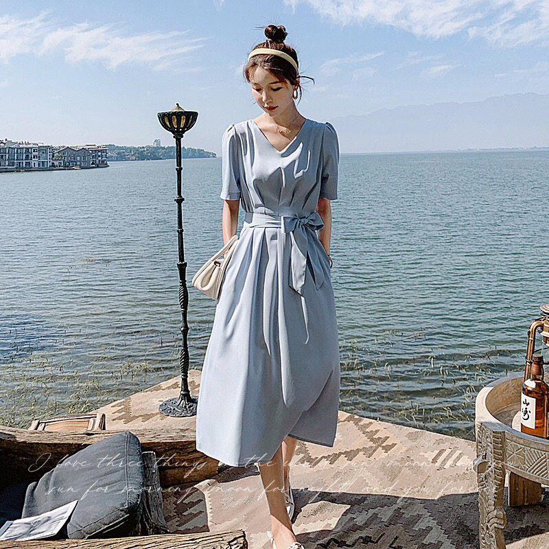 大货已出2022夏款新款纯色垂感系带连衣裙262A-S142-P95-K148，女装连衣裙，Yologo