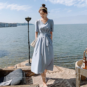 大货已出 2022夏款新款 纯色垂感系带连衣裙 262A-S142-P95-K148,女装连衣裙,Yologo