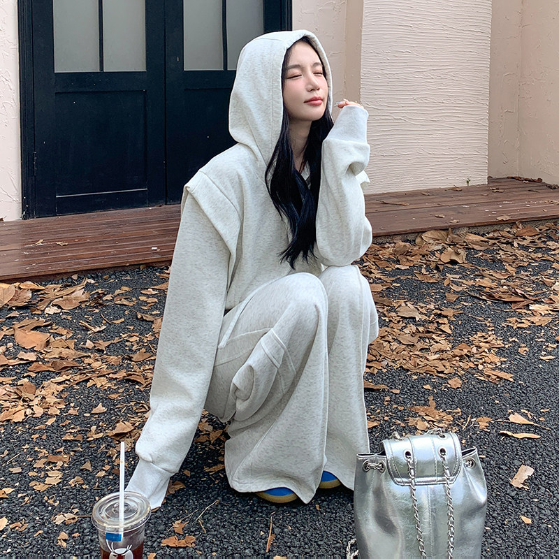 韩系学院风减龄连帽卫衣女秋季新款休闲运动宽松阔腿裤,女装运动套装,Yologo