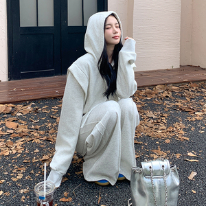 韓系學(xué)院風(fēng)減齡連帽衛(wèi)衣女秋季新款休閑運(yùn)動(dòng)寬松闊腿褲圖片