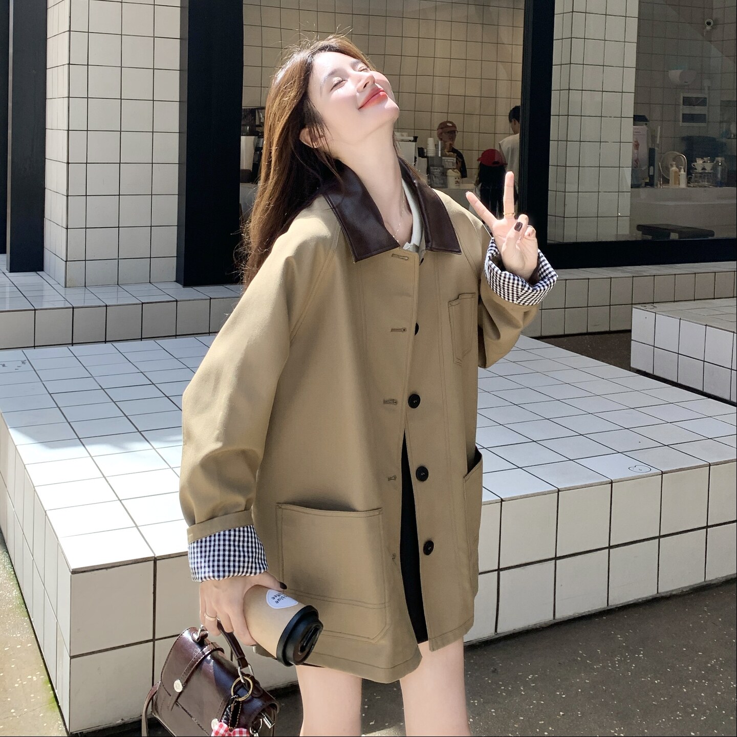 常规款拼色翻领厚款长袖纯色风衣外套秋冬韩版宽松春秋气质小个子,女装风衣,Yologo