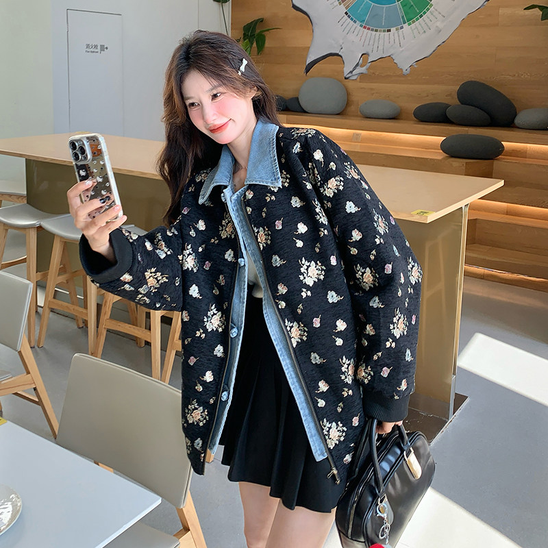 黑色牛仔拼接假两件外套女春季新款休闲宽松时髦洋气减龄提花上衣,女装短外套,Yologo