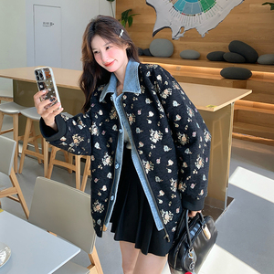 黑色牛仔拼接假两件外套女春季新款休闲宽松时髦洋气减龄提花上衣图片