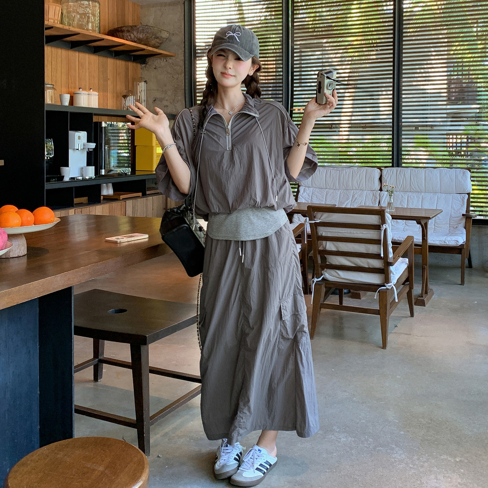 运动风穿搭灰色外套配长裙两件套女夏2025年新款超火休闲减龄套装,女装套装/套裙,Yologo