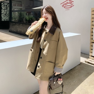 常规款拼色翻领厚款长袖纯色风衣外套秋冬韩版宽松春秋气质小个子图片