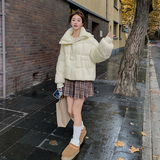淡黄色连帽羽绒服女2024冬季新款韩版加厚小个子90白鸭绒面包服潮，女装羽绒服，Yologo