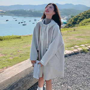 韩系减龄中长款连帽双面羊绒大衣女冬2024新款显瘦斗篷毛呢厚外套图片