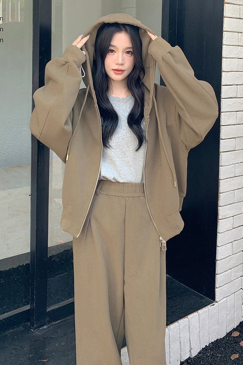 运动休闲连帽卫衣女2024秋季新款韩系设计感宽松阔腿裤,女装运动套装,Yologo