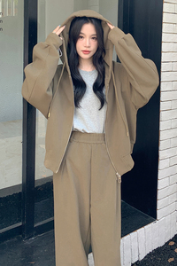 运动休闲连帽卫衣女2024秋季新款韩系设计感宽松阔腿裤图片