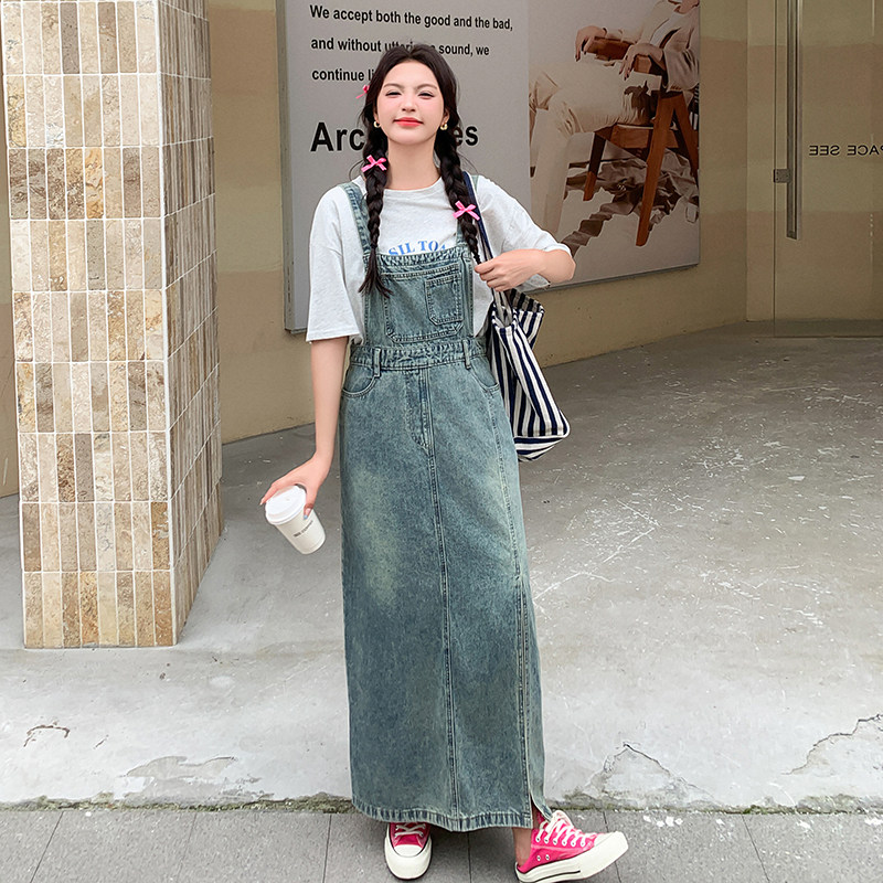 港风复古牛仔背带连衣裙女夏薄款2025新款超好看开叉收腰休闲长裙,女装连衣裙,Yologo