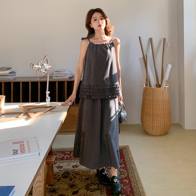 法式复古木耳边套装裙女2025年春季新款时尚高级吊带半身裙两件套,女装套装/套裙,Yologo