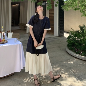 撞色拼接显瘦花边连衣裙女夏2025新款长裙法式气质独特漂亮高级感图片