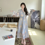 蓝色法式气质绝美长裙女2025夏季新款多巴胺蝴蝶印花度假风连衣裙，女装连衣裙，Yologo