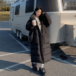 90绒华夫格黑色长款羽绒服女冬季新款加厚连帽抽绳收腰棉服外套图片