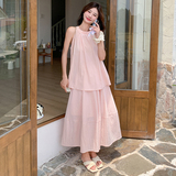 粉色甜美无袖挂脖上衣半身裙两件套女2025夏季新款简约气质套装潮，女装运动套装，Yologo