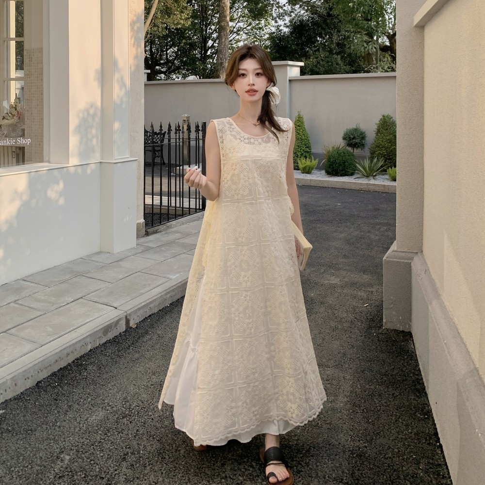 米白色叠穿蕾丝罩衫裙套装女夏季2025年新款甜美气质半身裙两件套,女装连衣裙,Yologo