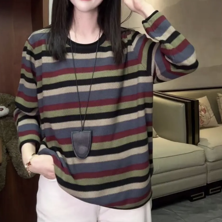 针织衫毛衣女复古条纹圆领上衣