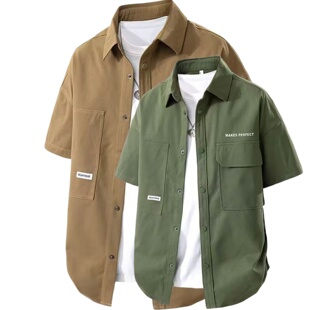 男女户外港风chic潮牌宽松休闲衬衣外套 衬衫 日系复古咖色工装 短袖