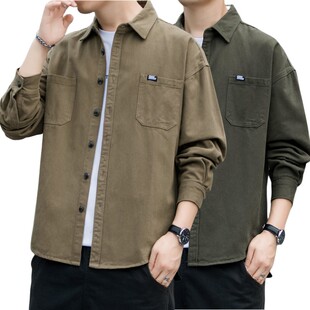 春秋季 男2025新款 休闲美式 宽松工装 外套 日系纯棉长袖 衬衣男士 衬衫