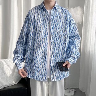 春季 男ins潮复古高级感上衣服潮牌设计感衬衣外套男 碎花长袖 衬衫