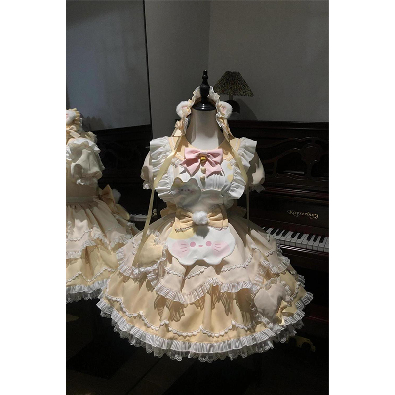 甜美软萌可爱名媛洛丽塔LoIita蕾丝蓬蓬猫咪围裙蝴蝶结两件套日常