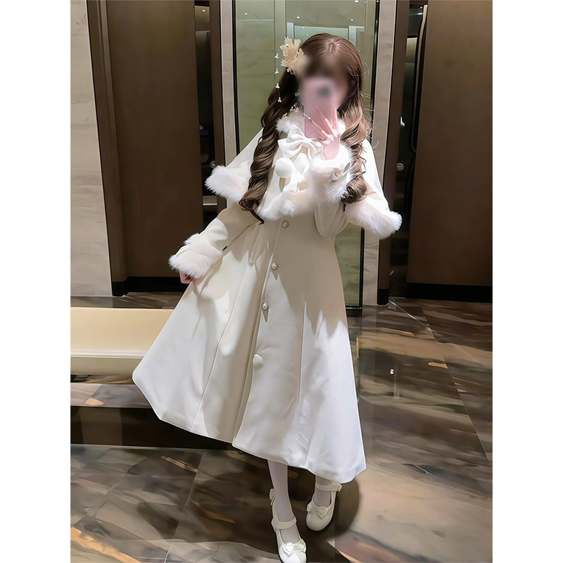 冬日法式气质千金风蝴蝶结斗篷长款毛呢lolita大衣洛丽塔外套甜美