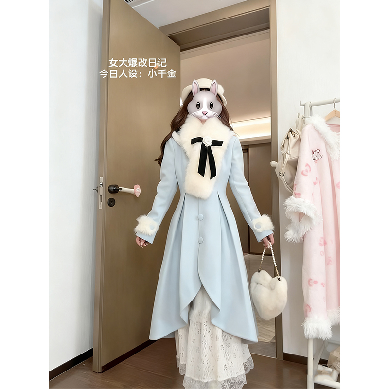 蓝色学院风蝴蝶结围巾毛呢大衣两件套秋冬款洛丽塔甜美千金风气质