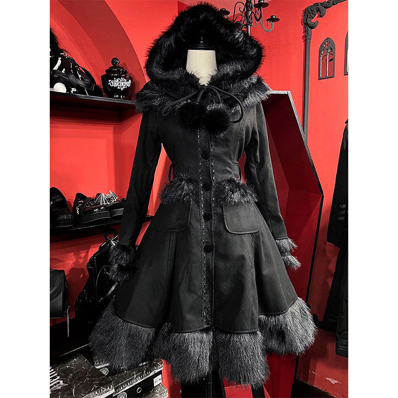 复古哥特风暗黑系毛绒拼接大衣小众设计感中长款lolita外套洛丽塔