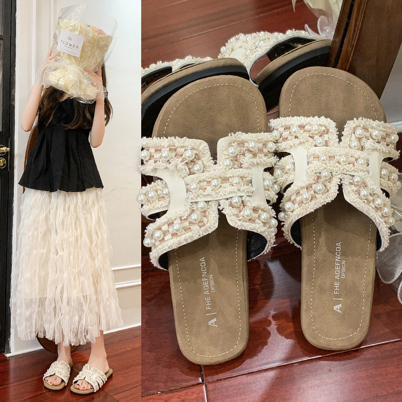 小香风珍珠拖鞋女外穿2025夏新款平底时尚度假海边沙滩凉拖一字拖,居家布艺,居家棉拖/棉鞋,淘宝优惠券,粉丝福利购,淘宝优惠卷