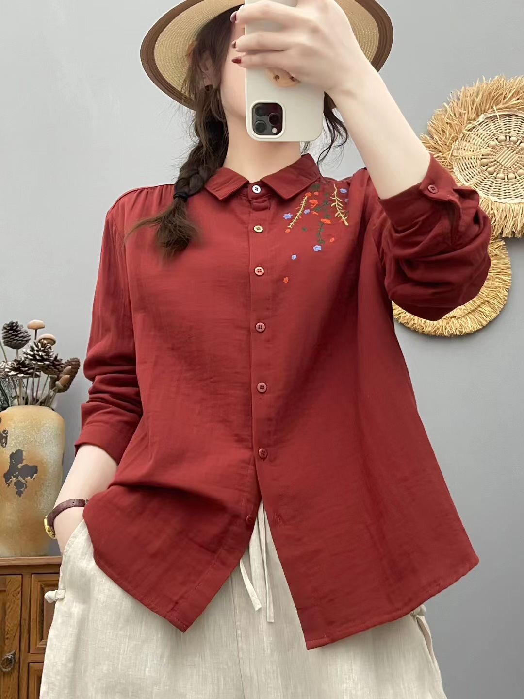 春秋新款文艺风刺绣全棉棉纱衬衫女宽松翻领长袖防晒上衣女装百搭