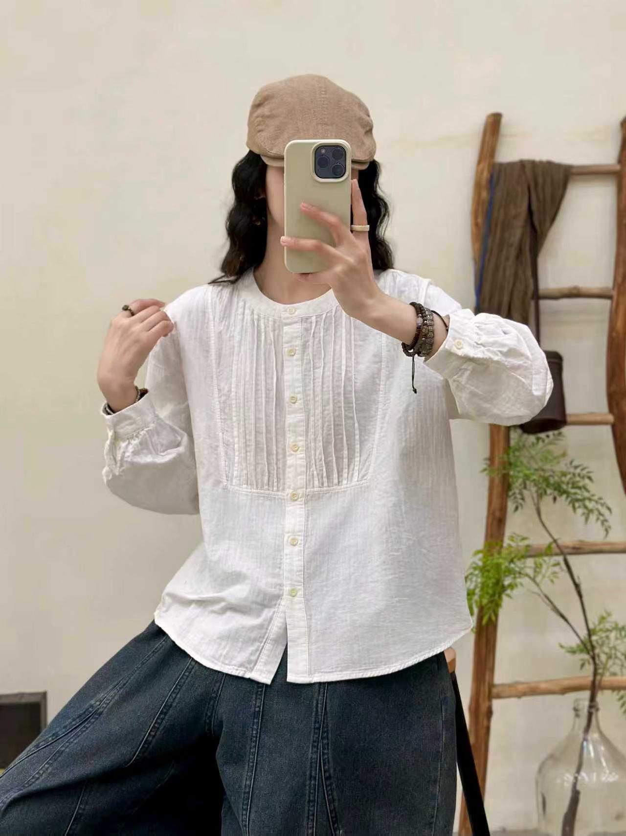 文艺复古简约衬衫女宽松百搭休闲双层棉纱亲肤长袖衬衣棉麻上衣