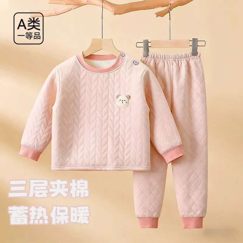 新款婴儿三层夹棉保暖内衣男女童宝宝加厚纯棉睡衣儿童家居服套装