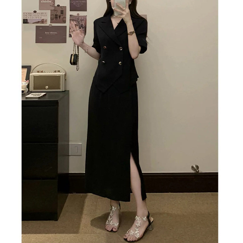 大码夏季新款短袖薄款西装套装女胖mm职业装半身裙两件套2581