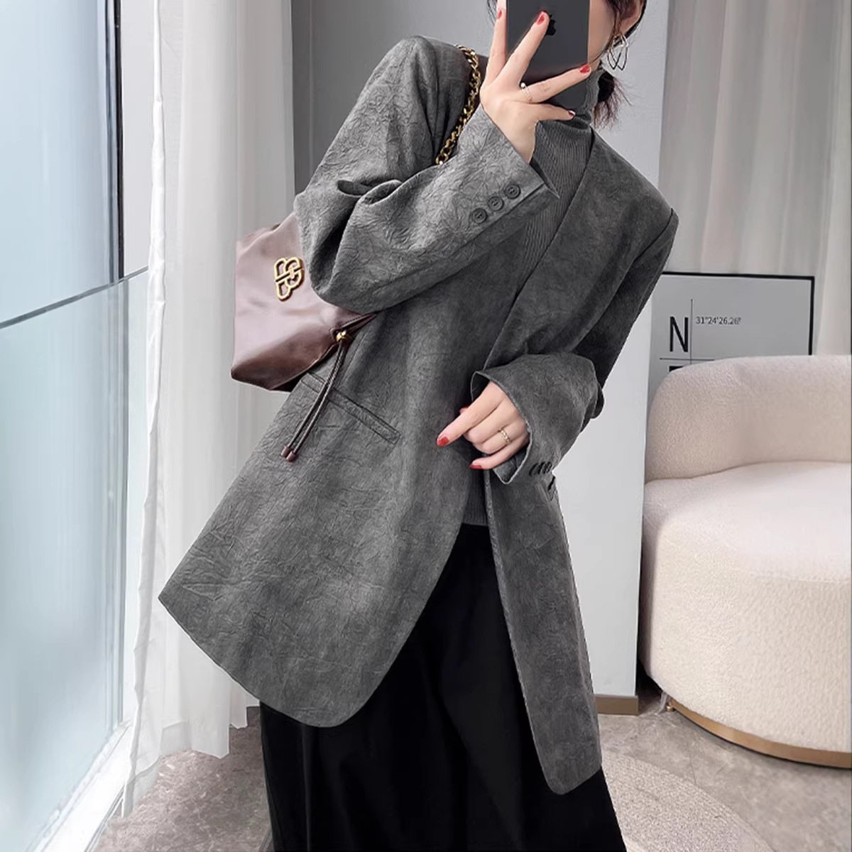 春秋新款大码女装灰色V领西装外套胖mm气质时尚宽松系带西服AA058