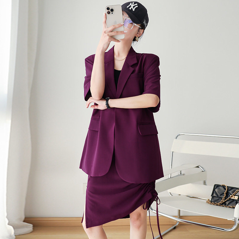 大码女装薄款西装套装女胖mm宽松休闲开叉直筒半身裙两件套AA008