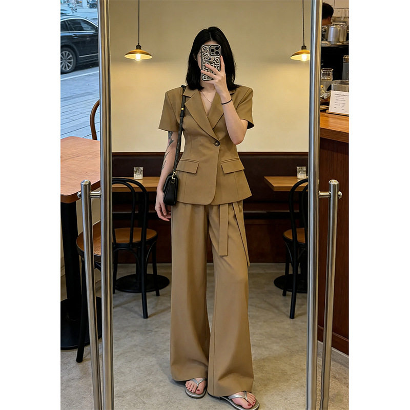 感大码夏季薄款西装套装女韩系通勤胖mm阔腿裤两件套25109