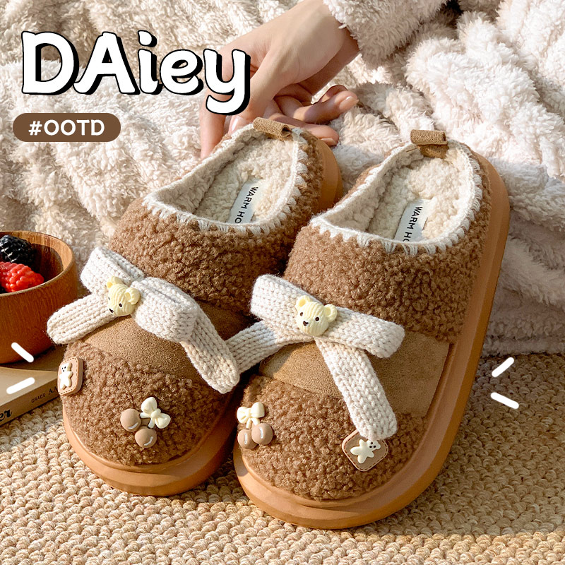 2025冬季新款棉拖女鞋小熊蝴蝶结甜美加绒保暖居家拖鞋低帮毛绒