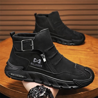 春秋男士高帮厚底工地劳保鞋一脚蹬户外男鞋子运动休闲工装马丁靴