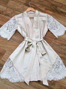 Embroidered Women's Solid Color Bathrobe Ice Silk Lace Robe