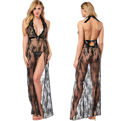 Sexy Sling Backless Long Dress Deep V-Neck Slit Dress女长裙