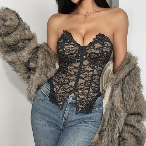Lace chest wrap低胸辣妹蕾丝花边性感裹胸修身钢圈抹胸上衣ins风