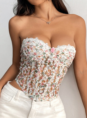 夏新品INS纯欲热辣风花朵绣花钢圈鱼骨聚拢修身透视穿绳抹胸70176