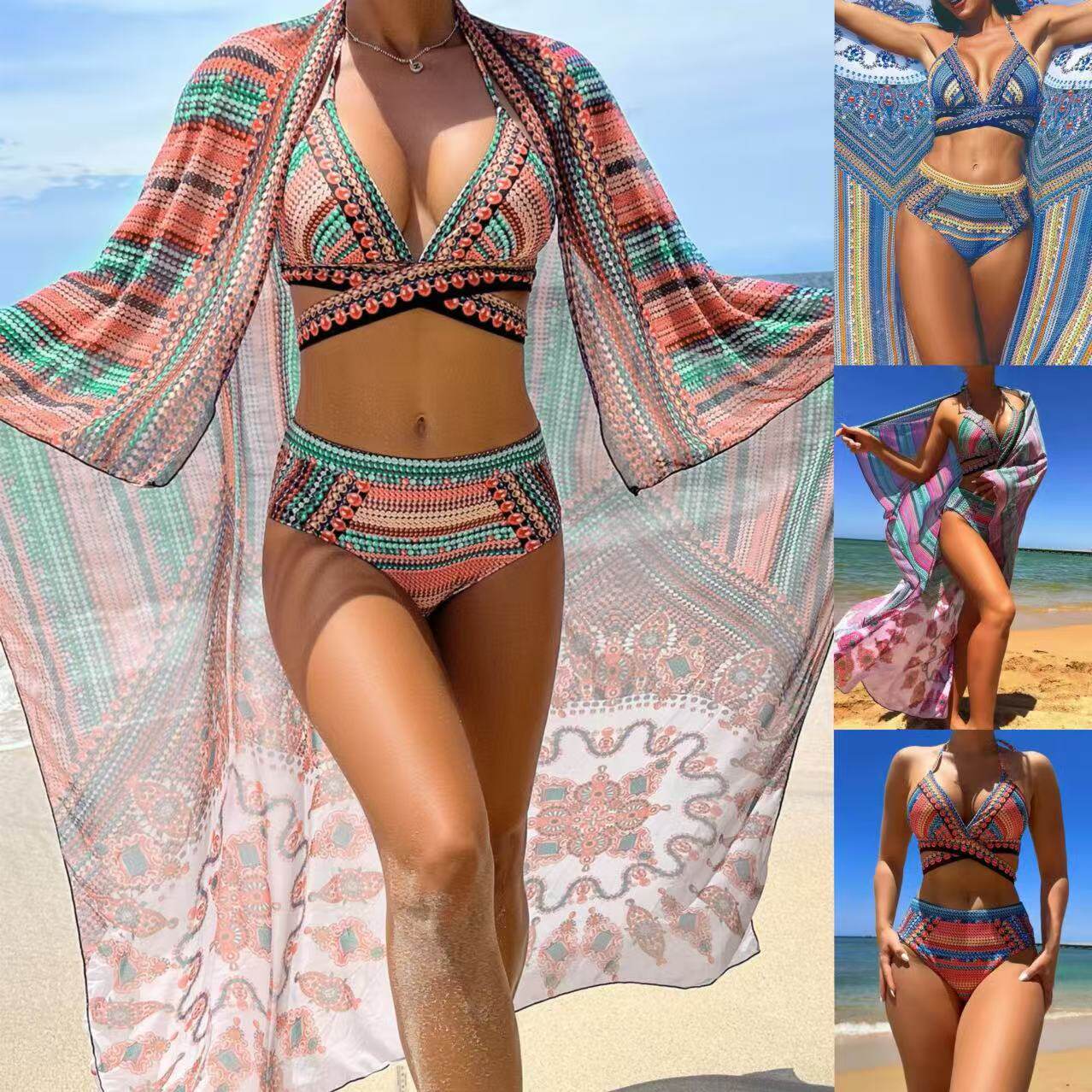 民族风交叉绑带高腰泳衣比基尼三件套 Cape three-piece swimsuit